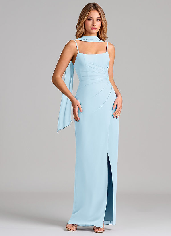 Azazie Calandra Bridesmaid Dresses Sky Blue Sheath Pleated Chiffon Dress image1