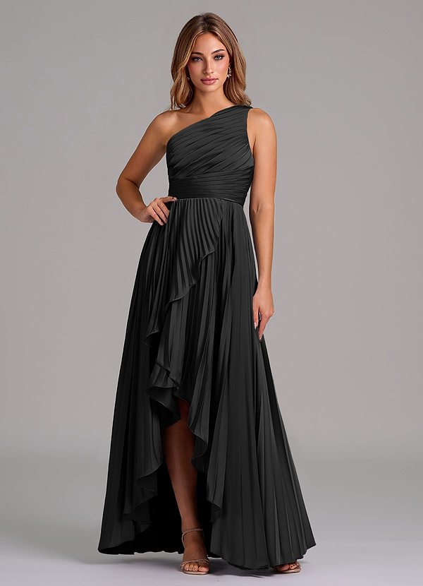Azazie Lyrica Bridesmaid Dresses Black A-Line One Shoulder Stretch Satin Dress image1