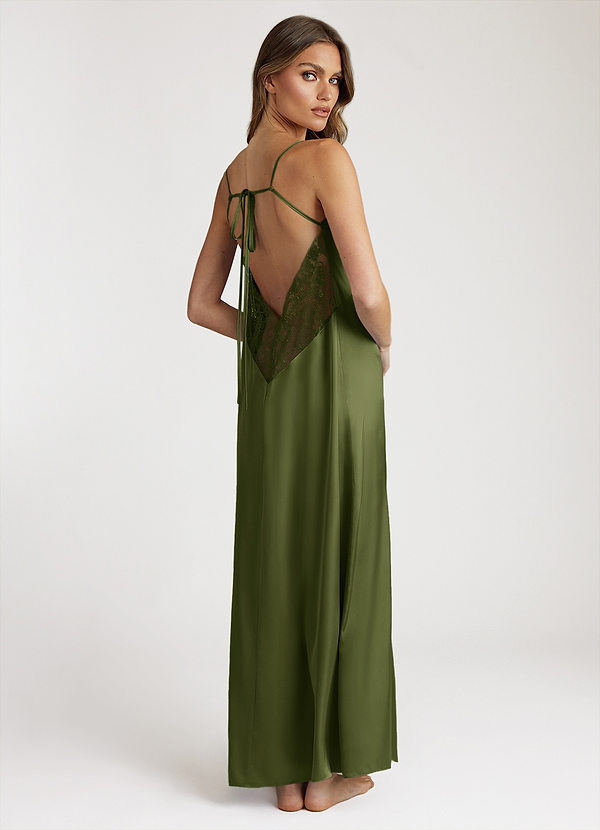 front Olive Satin and Lace Midi Slip Dress