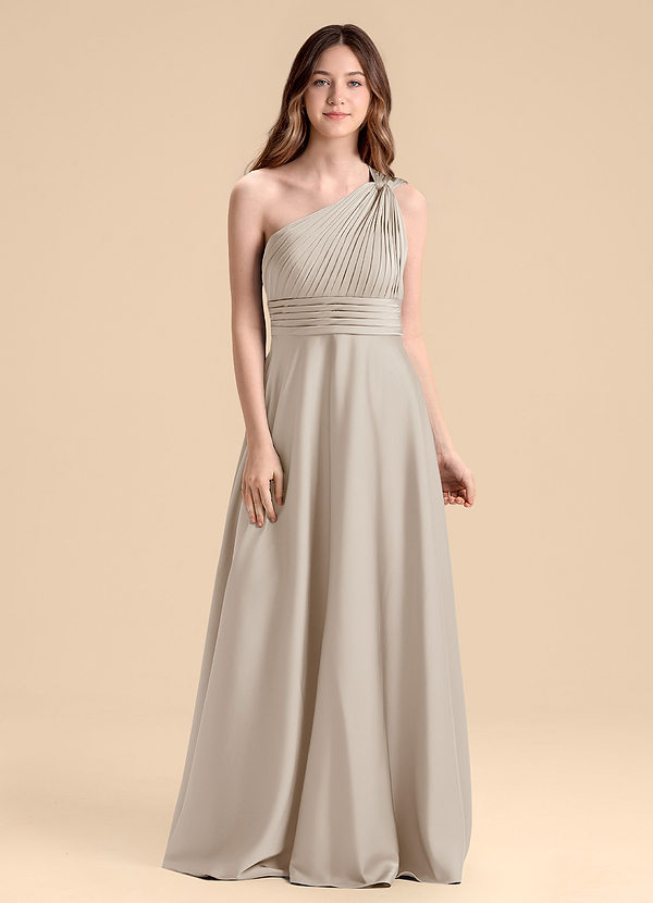 Azazie Charlize Junior Frost A-Line Pleated Stretch Satin Dress image1