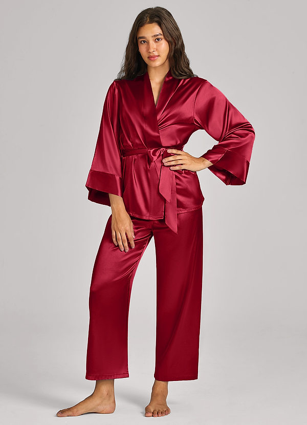front Matchende farve satin wrap foran pyjamassæt med bælte