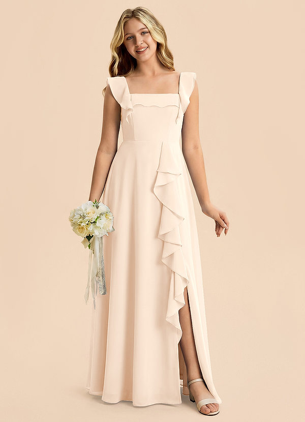 Azazie Nori Junior White Alabaster A-Line Ruched Chiffon Dress image1