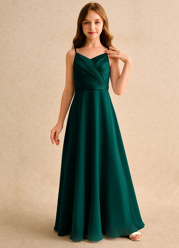 Azazie Umina Girls Formal Bloemenmeisjes Jurken A-Lijn Jurk van Mat Satijn Geplooid Pijnboom image1