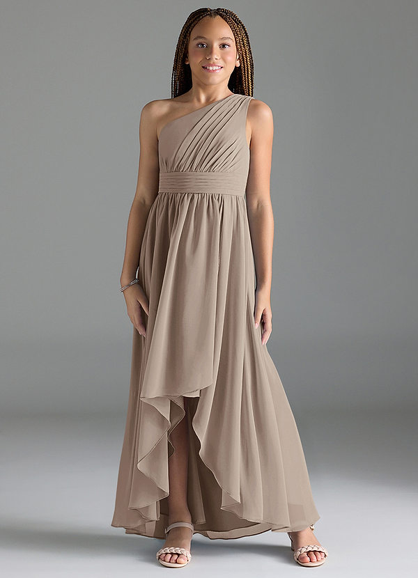 Azazie Mathilda Junior Robe Trapèze en Mousseline de soie Plissée Givre image1