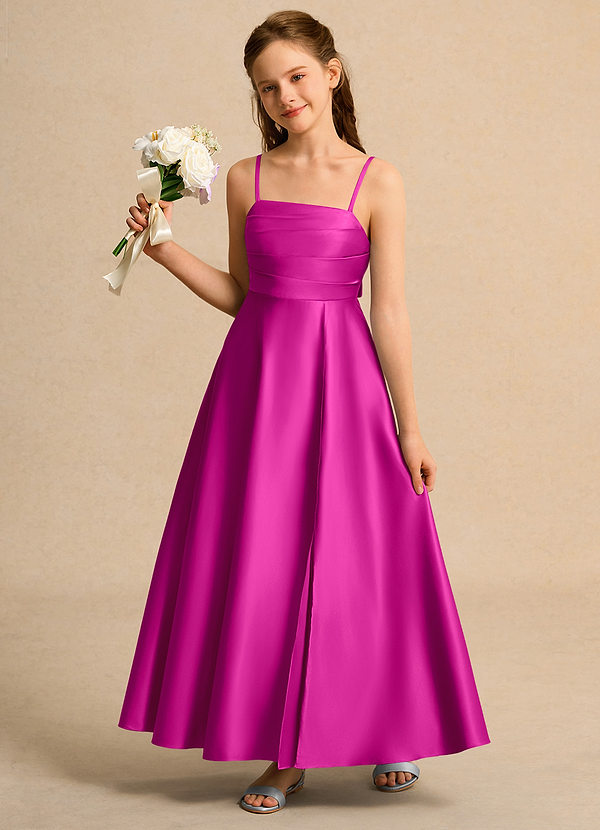 Azazie Pebbles Girl Flower Girl Dresses Fuchsia A-Line Pleated Matte Satin Dress image1