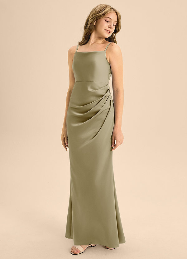 Azazie Renna Junior Robe Trapèze en Satin extensible Plissée Vert Mousse image1