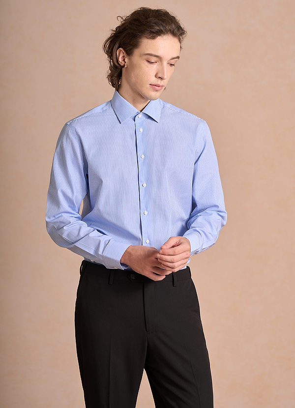 front Aiden White Sky Blue 100% Cotton Non-Iron Striped Dress Shirt