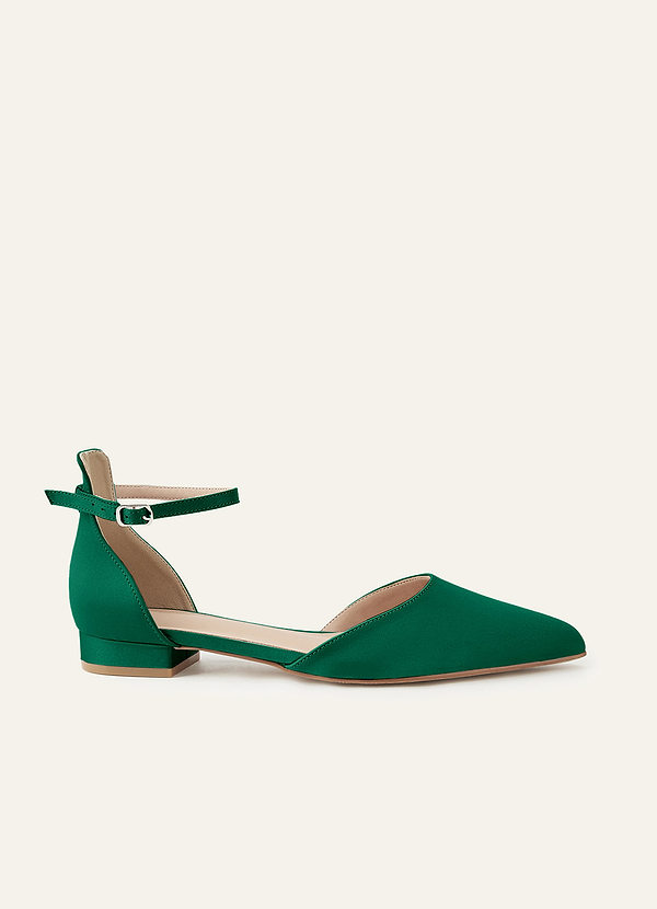 front Matching Color Matte Satin Pointed Toe Ankle Strap Block Flat Pumps