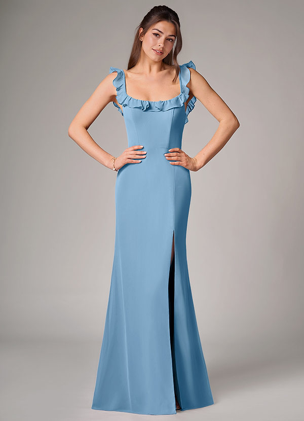 Azazie Callie Bridesmaid Dresses Steel Blue Mermaid Side Slit Chiffon Convertible Dress image1