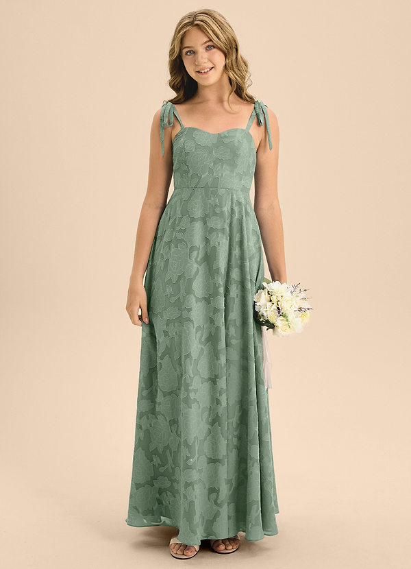 Azazie Rosey Junior Matcha A-Line Sweetheart Neckline Floral Burnout Dress image1