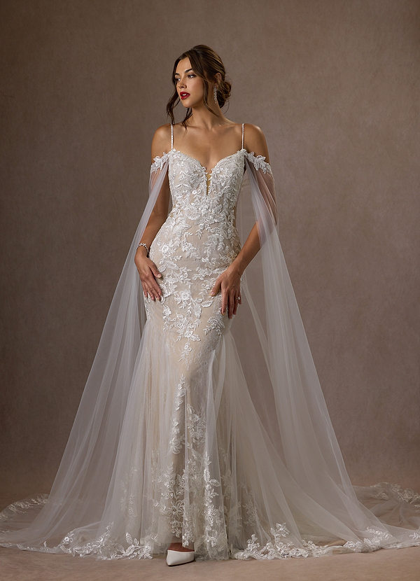 Azazie Leonie Wedding Dresses Diamond White Nude Mermaid V-Neck Sequins Tulle Dress image1