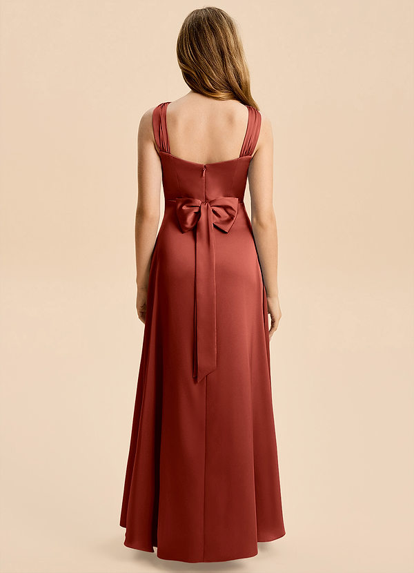 Azazie Kiki Junior Robe Trapèze en Satin extensible Arc Terracotta image1