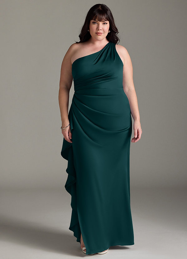 Azazie Latrice Bridesmaid Dresses Pine Sheath One Shoulder Cascading Ruffles Stretch Satin Dress image1