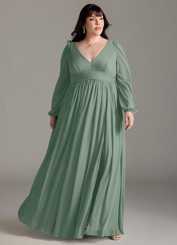 Azazie Norah Robes Demoiselle d'honneur Robe Trapèze en Mousseline de soie Col en V, manches longues Sauge D'argent image1