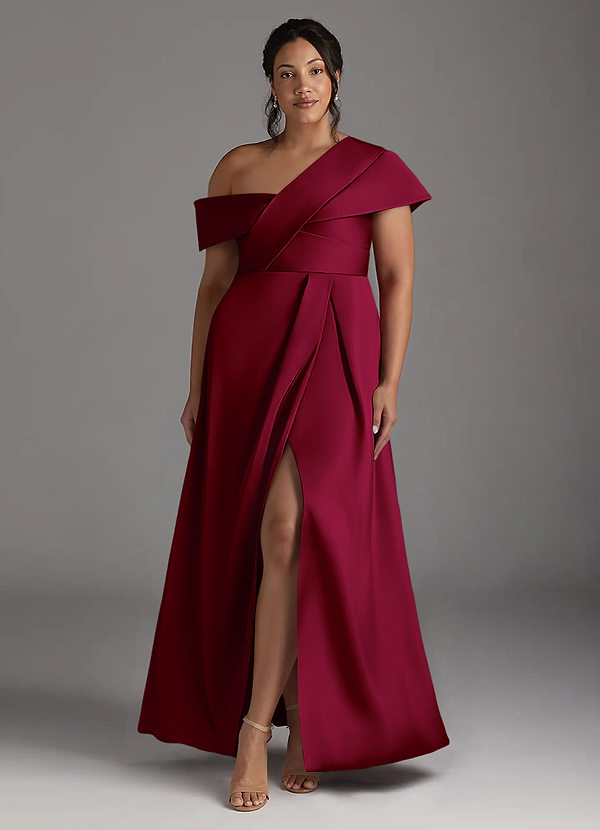 Azazie Milton Vestidos de Madre de la Novia Vestido de Borgoña de Satén Elástico de Corte En A con Plisado image1