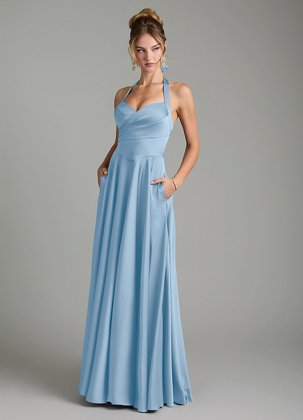 Azazie Tenaya Robes de demoiselle d'honneur Robe Trapèze en Satin extensible Décolleté en cœur Poudre Bleue image1