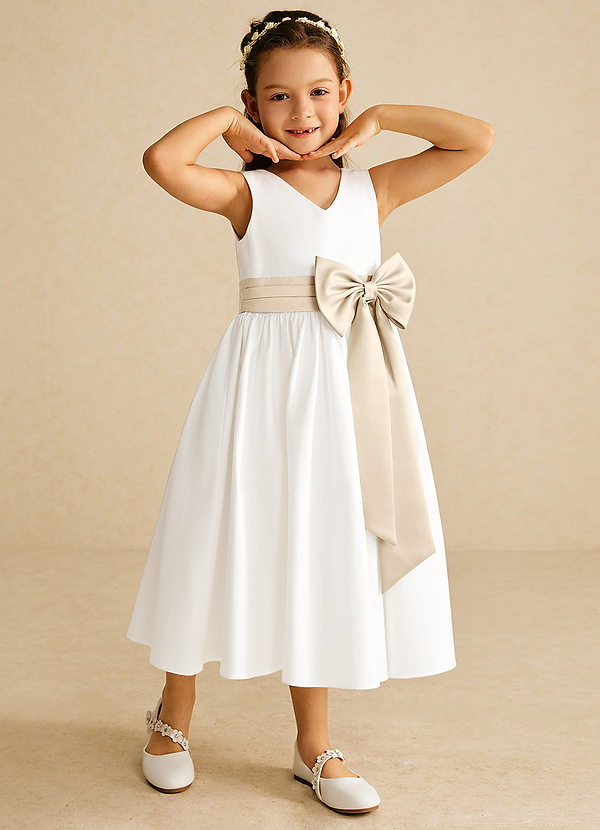 Azazie Darling Flower Girl Dresses Ivory Champagne A-Line Bow Cotton Dress image1