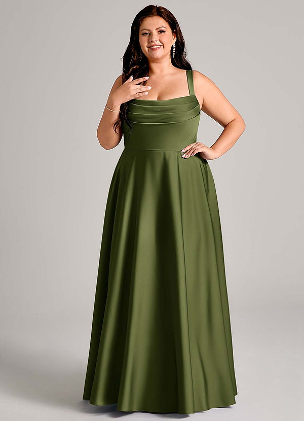 Azazie Shaude Bridesmaid Dresses Olive A-Line Pleated Stretch Satin Dress image1