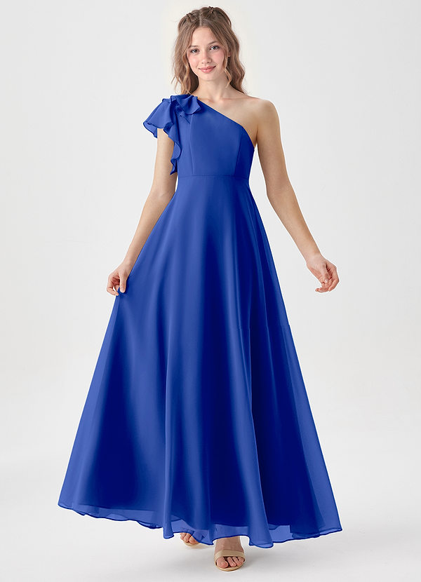 Azazie Arabella Junior Robe Trapèze en Mousseline de soie Rayé Bleu Roi image1