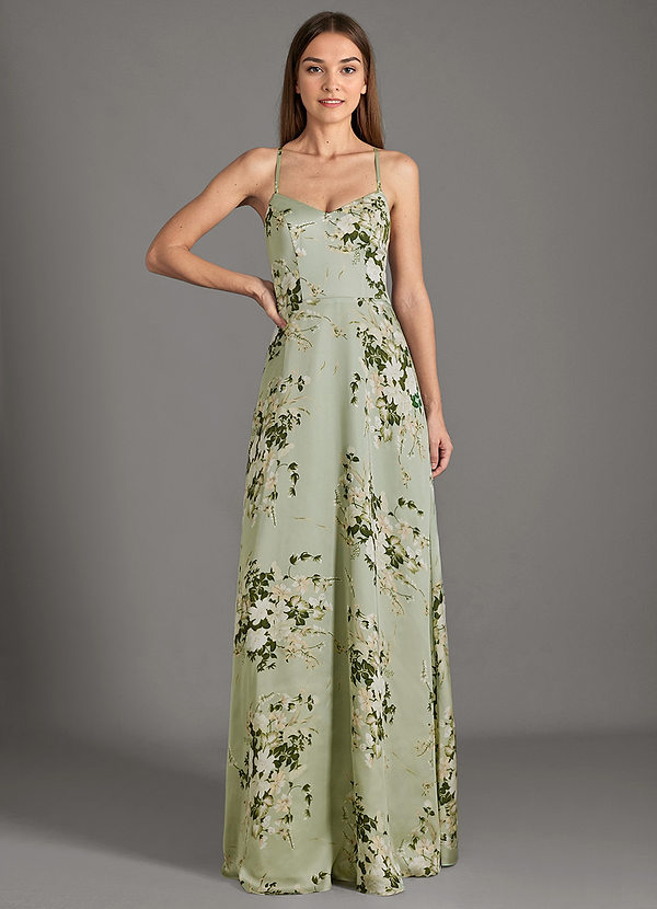 Azazie Mei Robes Demoiselle d'honneur Robe Trapèze en Satin extensible Col en V Vignes Florales image1