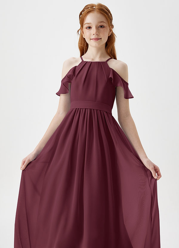 Azazie Chaya Junior A라인 오프 더 숄더 쉬폰 플로어 길이 주니어 신부 들러리 드레스 image1