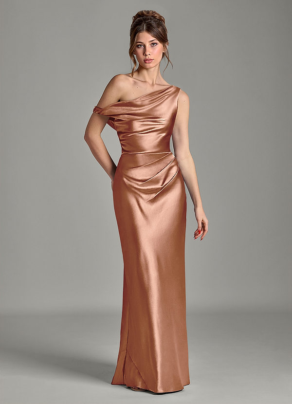 Azazie Emerson Bridesmaid Dresses Bronzer Mermaid Off the Shoulder Metallic Satin Dress image1