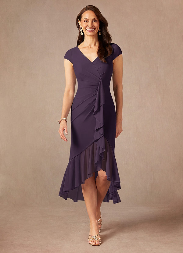 Azazie Renetta Mother of the Brides Dresses Plum Sheath V-Neck Pleated Mesh Dress image1