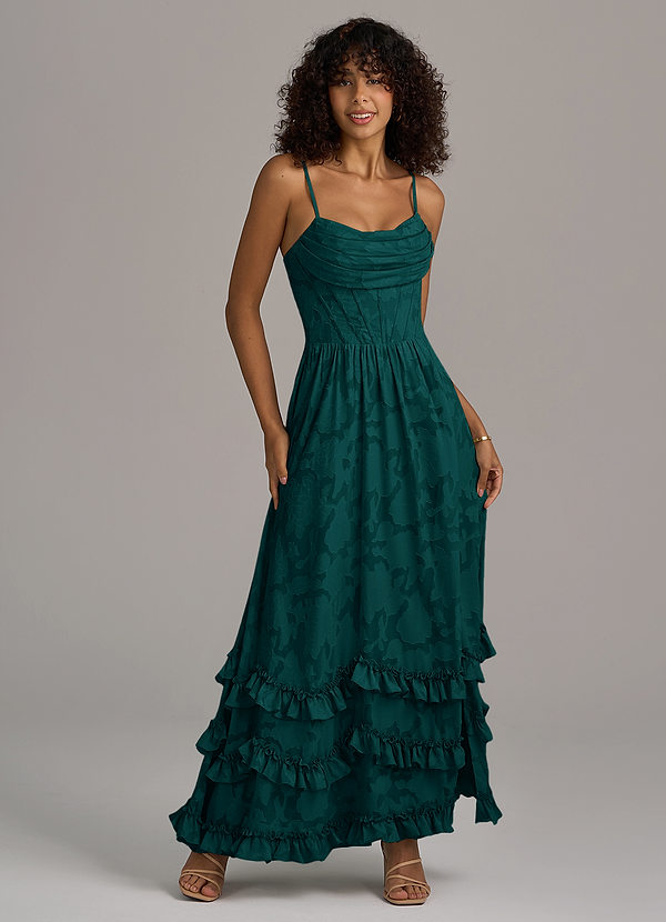 Azazie Lettie Bridesmaid Dresses Pine A-Line Corset Floral Burnout Dress image1