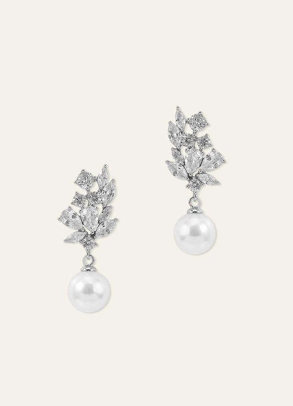 front Crystal Foliage and Pearl Dangle Earrings
