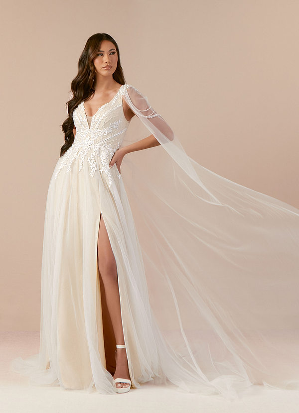 Azazie Goddess Wedding Dresses Diamond White Champagne A-Line V-Neck Sequins Tulle Dress image1