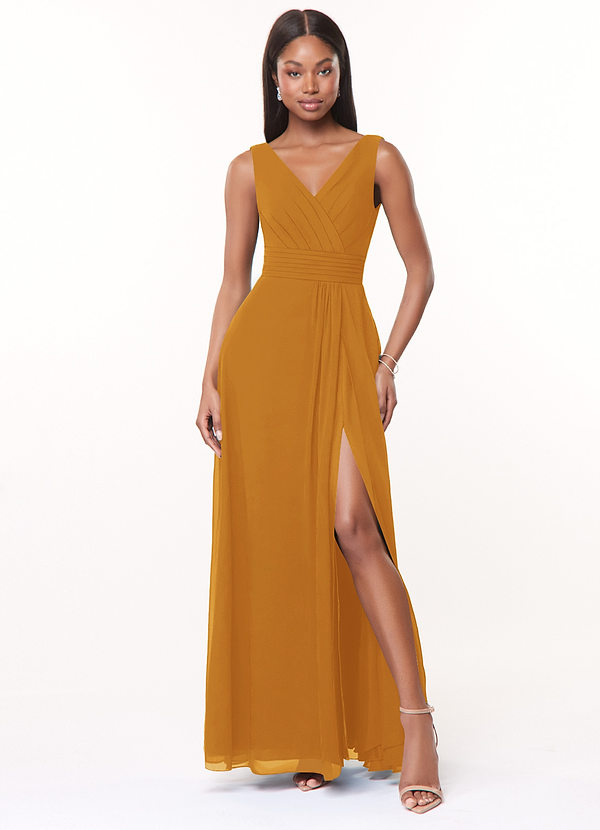 Azazie Karina Bridesmaid Dresses Butterscotch A-Line Pleated Chiffon Dress image1