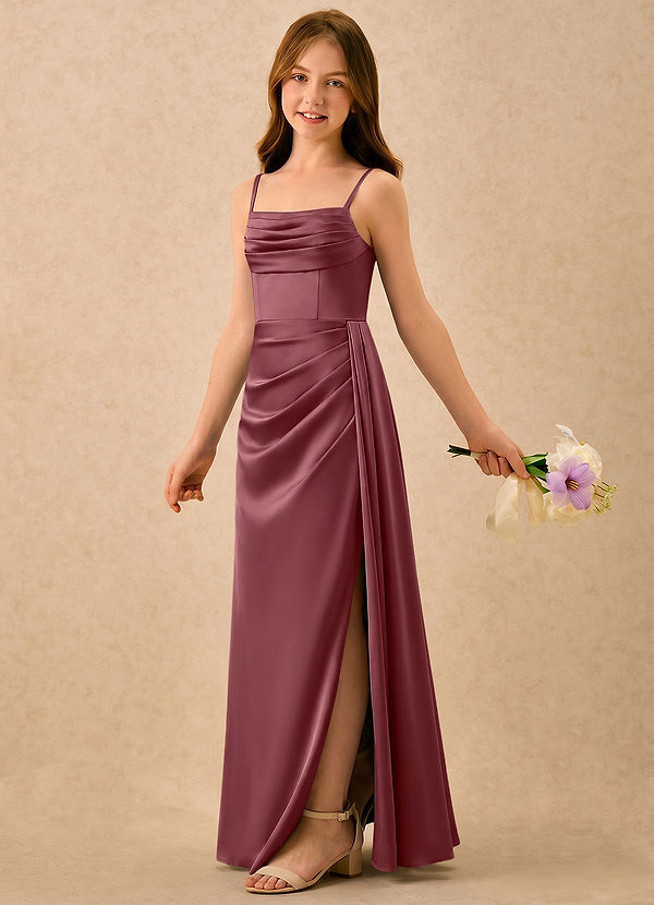 Azazie Shyla Girls Formal Bloemenmeisjesjurken Kolom Jurk van Stretch Satijn Geplooid Woestijnroos image1
