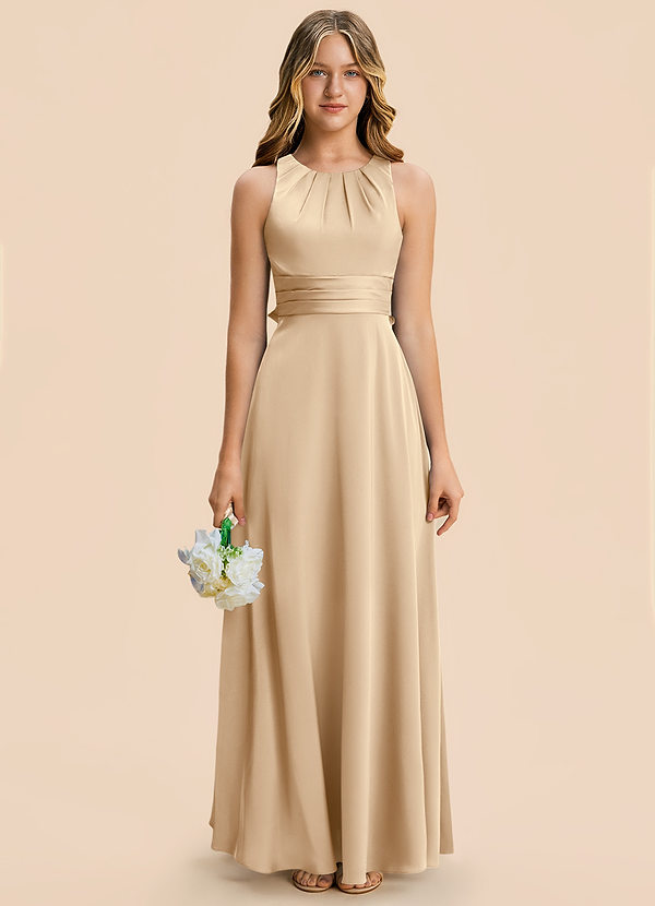 Azazie Christina Junior Vestido Champán de Satén Elástico de Corte en A con Drapeado image1