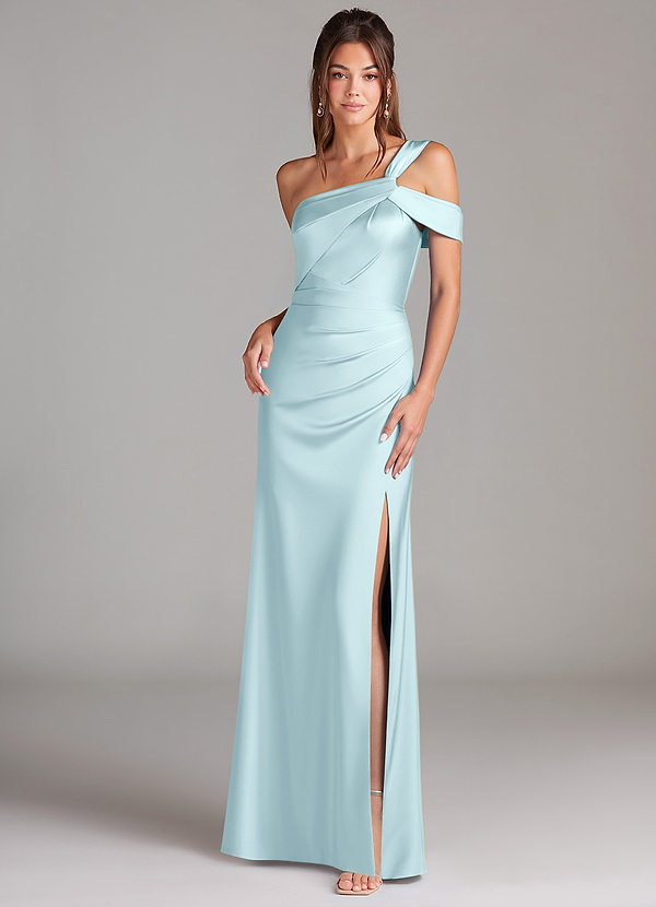 Azazie Wynter Robes Demoiselle d'honneur Robe Fourreau en Satin extensible Une épaule Bleu Nuage image1