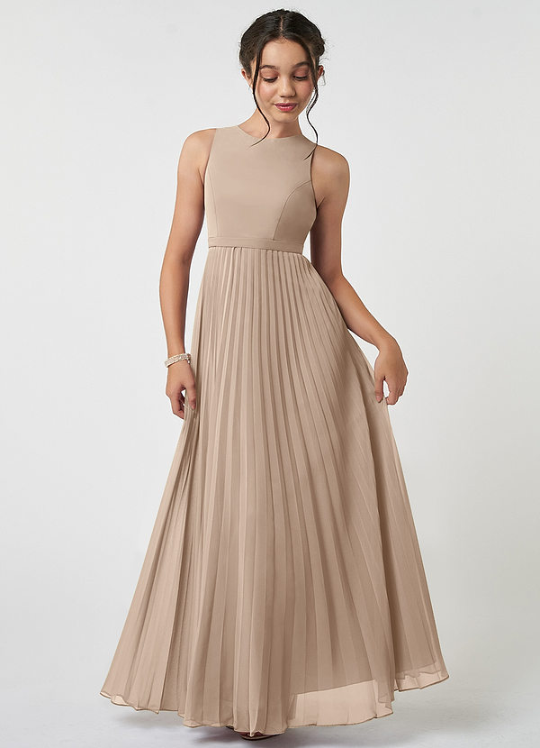 Azazie Lindie Junior Taupe A-Line Pleated Chiffon Dress image1