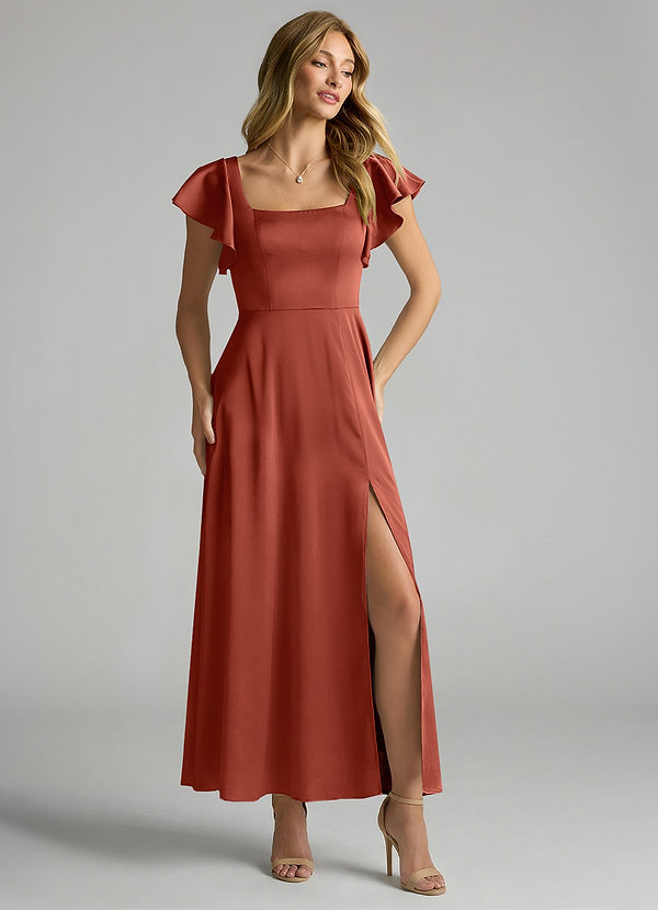 Azazie Bondi Brautjungfernkleider A-Linie Gestreift Stretch-Satin Kleid Terrakotta image1