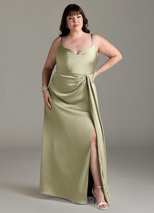 Azazie Brielle Vestidos Dama de Honor Vestido de Pistacho de Satén Elástico de Corte en A con Tirantes finos con capucha image1