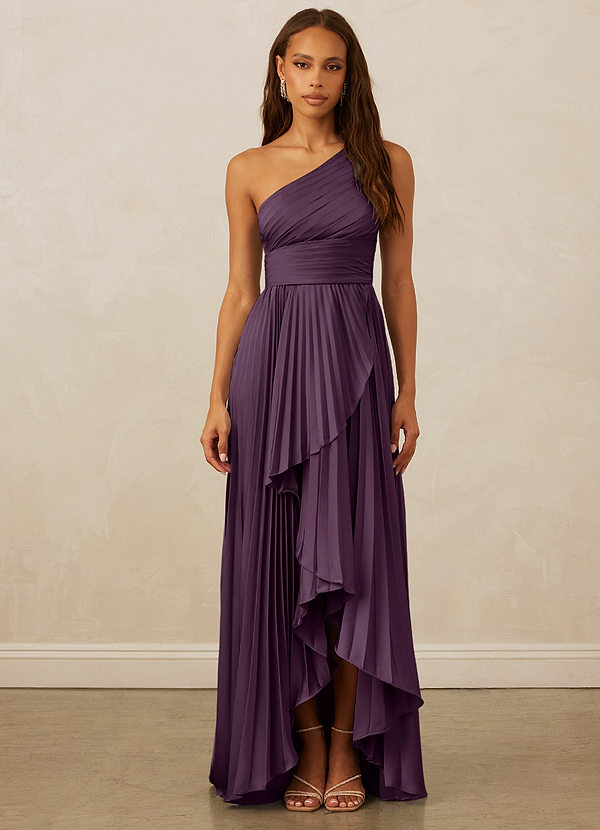 Christian Siriano Bridal for Azazie 1008 Robes Demoiselle d'honneur Robe Trapèze en Satin extensible Ue épaule Prune image1