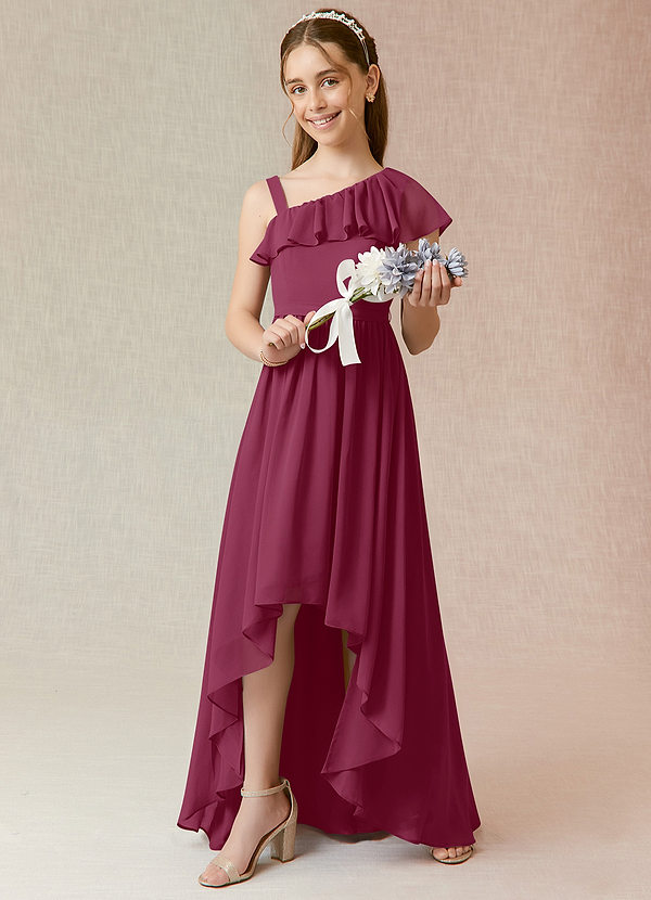 Azazie Mango A-Line Ruched Chiffon Asymmetrical Junior Bridesmaid Dress image1