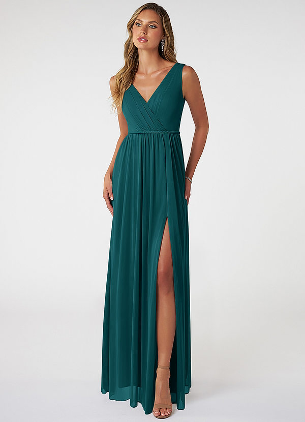 Azazie Tanicia Bridesmaid Dresses Peacock A-Line V-Neck Pleated Mesh Dress image1