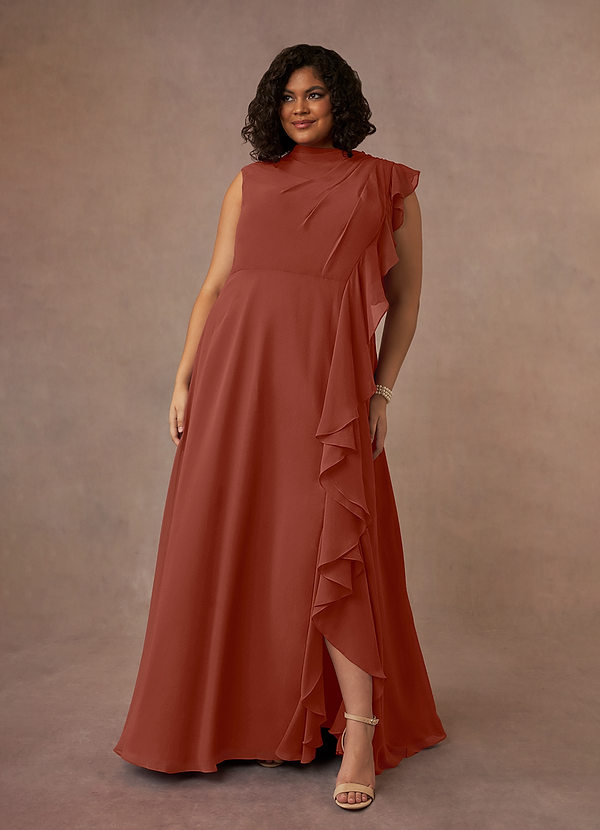 Azazie Narine Mother of the Brides Dresses Auburn A-Line High Neckline Pleated Chiffon Dress image1