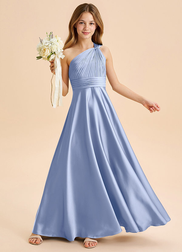 Azazie Charlize Junior Abito A-Line in Raso Elasticizzato Plissettato Ghiaccio image1