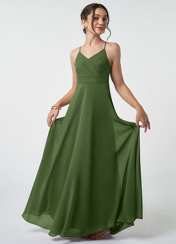Azazie Avelina Junior Olive A-Line Pleated Chiffon Dress image1