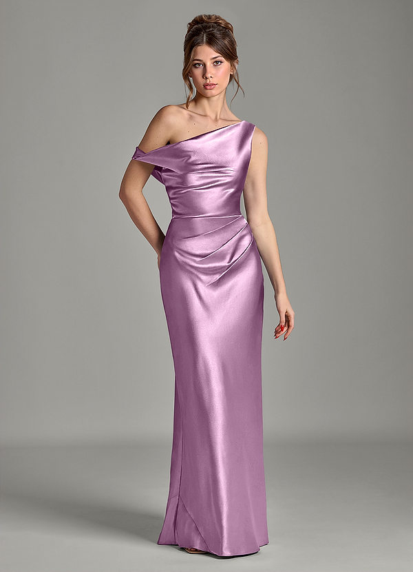 Azazie Emerson Morsiusneitojen mekot Mrenneito Olkapään ulkopuolella Metallinen satiini Lattian pituus Pukeutua image1