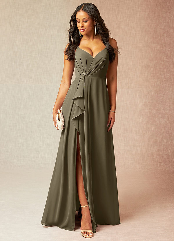 Azazie Kyedae Bruidsmeisjes Jurken Jurk van Chiffon met A-Lijn V-hals geplooid Wilgengroen image1