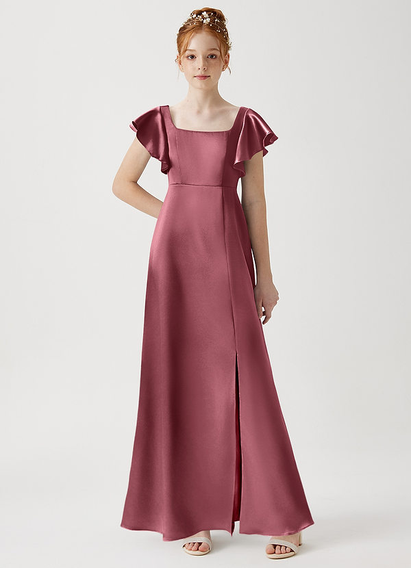 Azazie Bondi Junior Desert Rose A-Line Side Slit Metallic Satin Dress image1