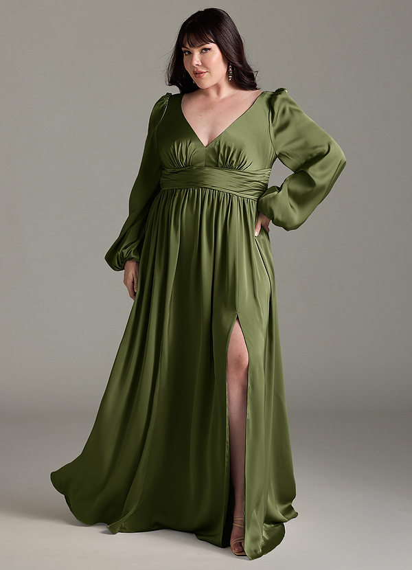 Azazie Norah Robes Demoiselle d'honneur Robe Trapèze en Satin extensible Olive image1