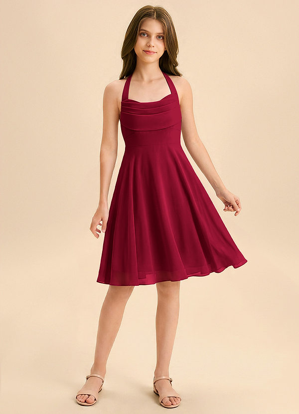 Azazie Kady Junior Vestido de Borgoña de Gasa de Corte en A con Escote de Corazón image1