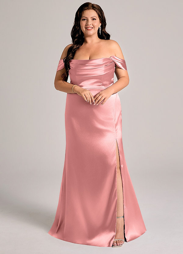 Azazie Saige Robes Demoiselle d'honneur Robe Fourreau Convertible en Satiné métallisé Épaule décolletée Rosette image1