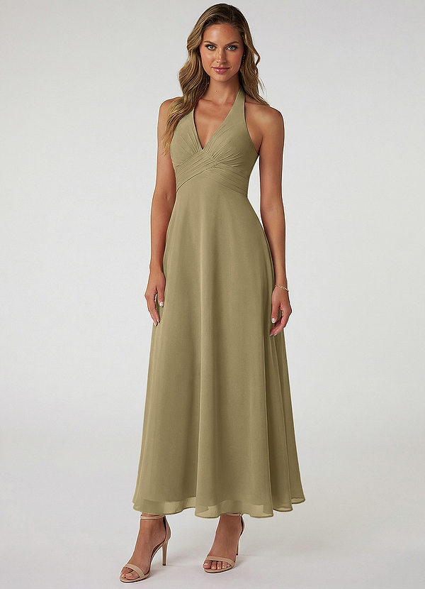 Azazie Tessie 신부 들러리 드레스 A라인 주름진 쉬폰 발목 길이 드레스 image1